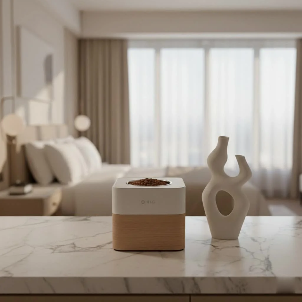 Automatic pet food feeder dispensing kibble into a bowl