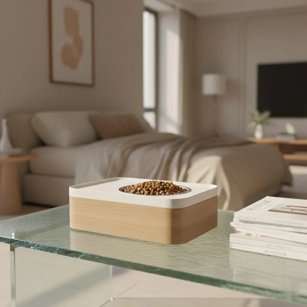Smart pet feeder with camera dispensing food into a bowl