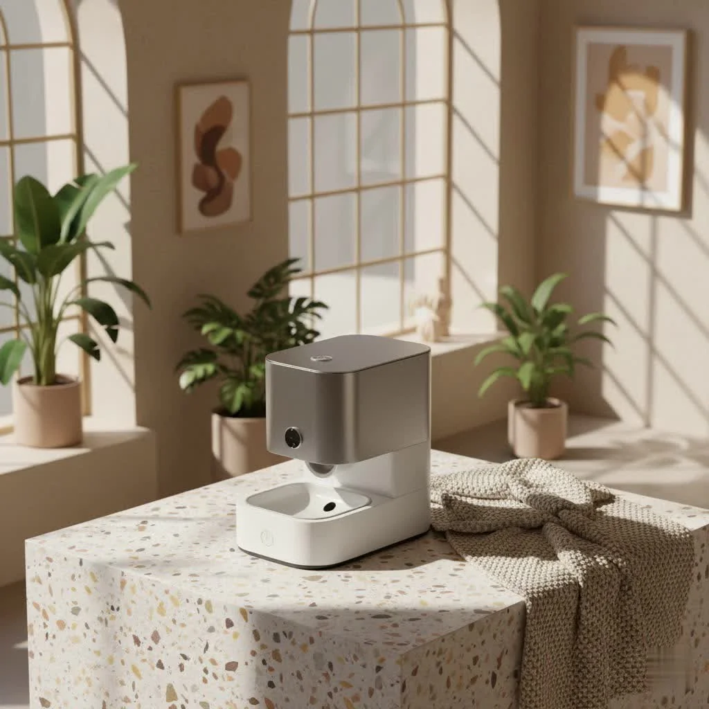 Voluas automatic pet feeder dispensing kibble into a bowl