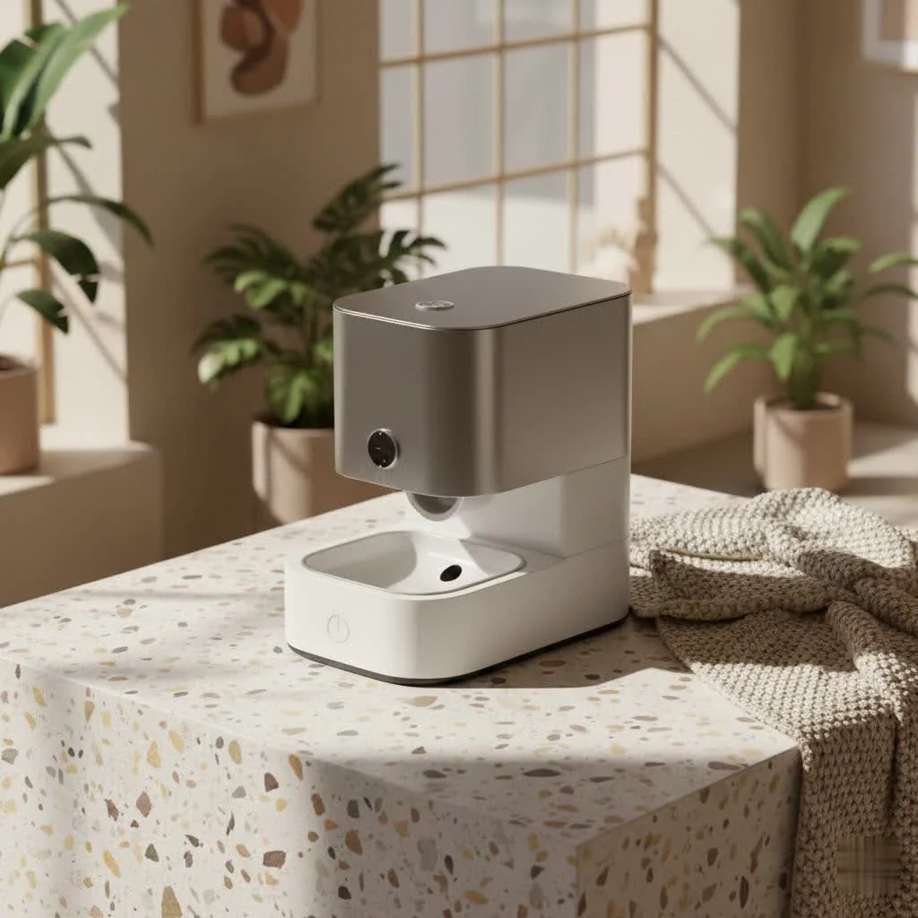 Automatic pet feeder dispensing kibble into a bowl