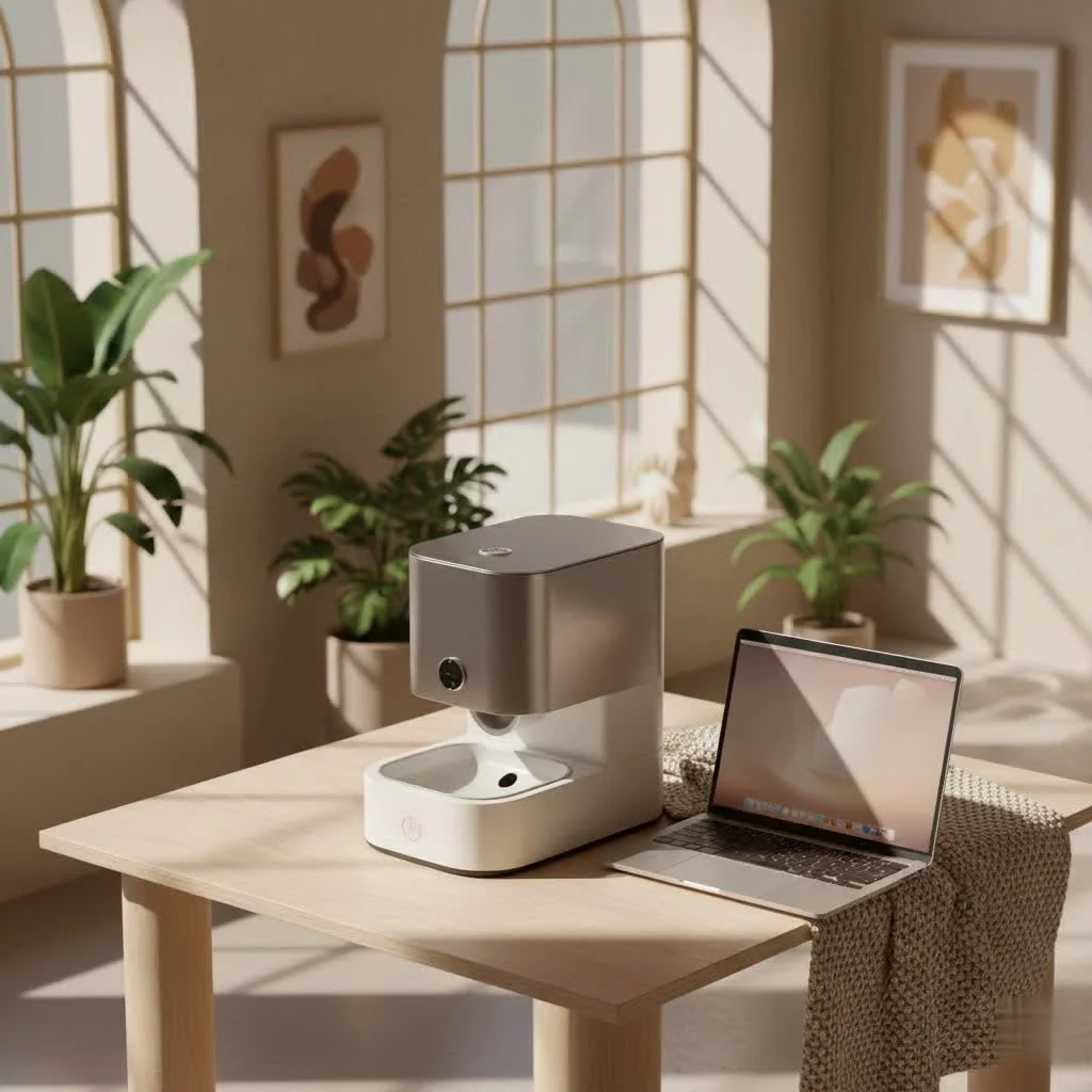 Automatic cat feeder dispensing kibble into a bowl
