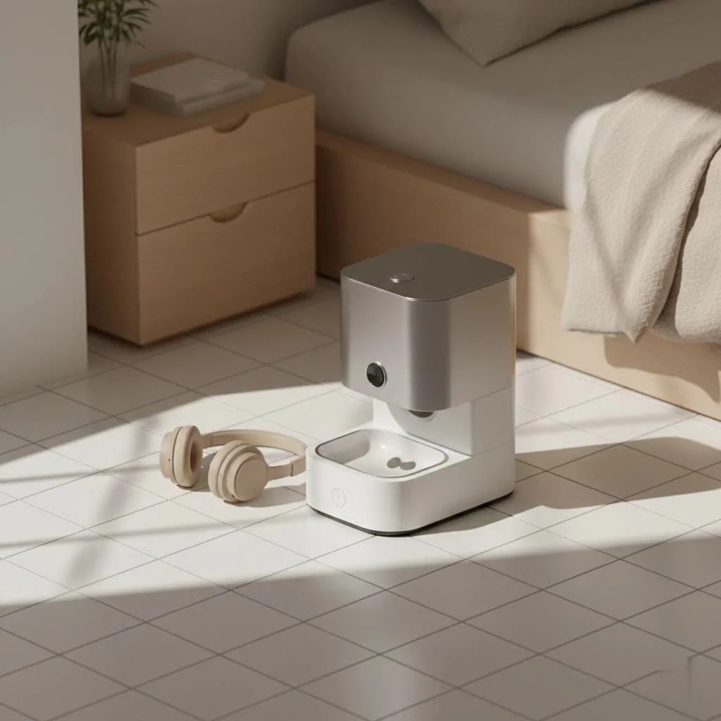 Automatic pet food feeder dispensing kibble into a bowl