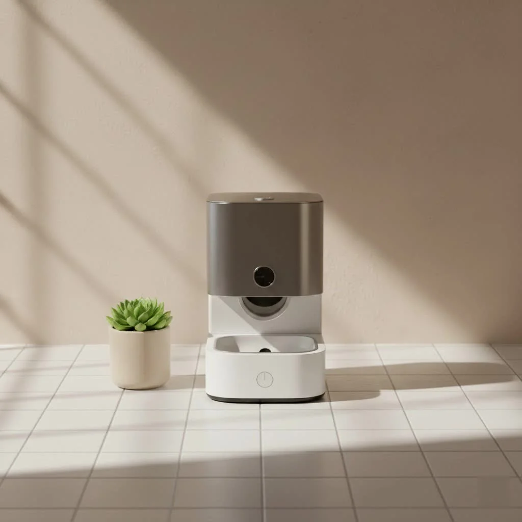 Electronic pet feeder dispensing kibble into a bowl