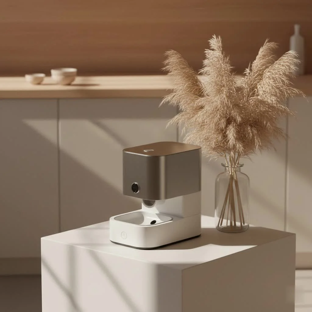 Wopet automatic pet feeder dispensing food into a bowl
