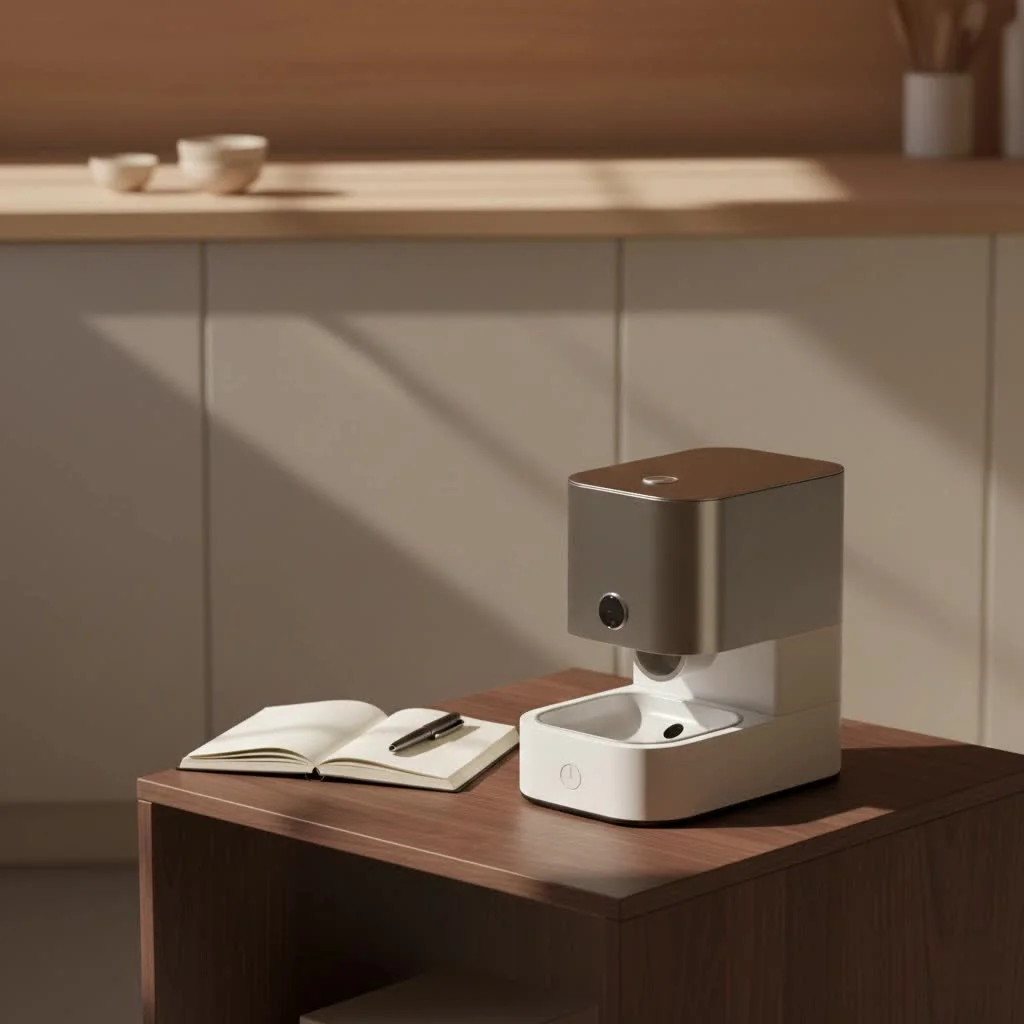 Programmable pet feeder dispensing kibble into a bowl