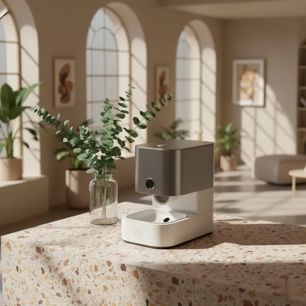 Nano automatic pet feeder dispensing kibble into a bowl