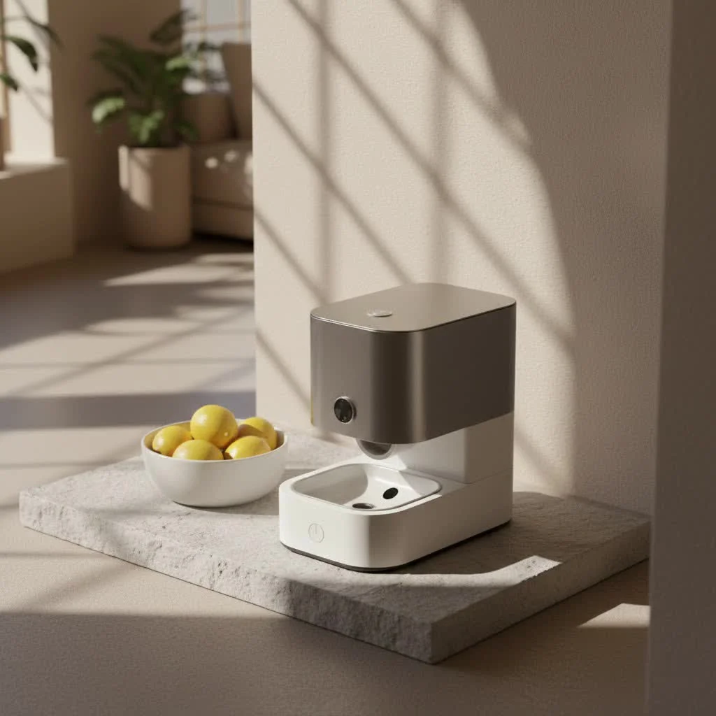 Pet eating from an automatic feeder with a collar sensor
