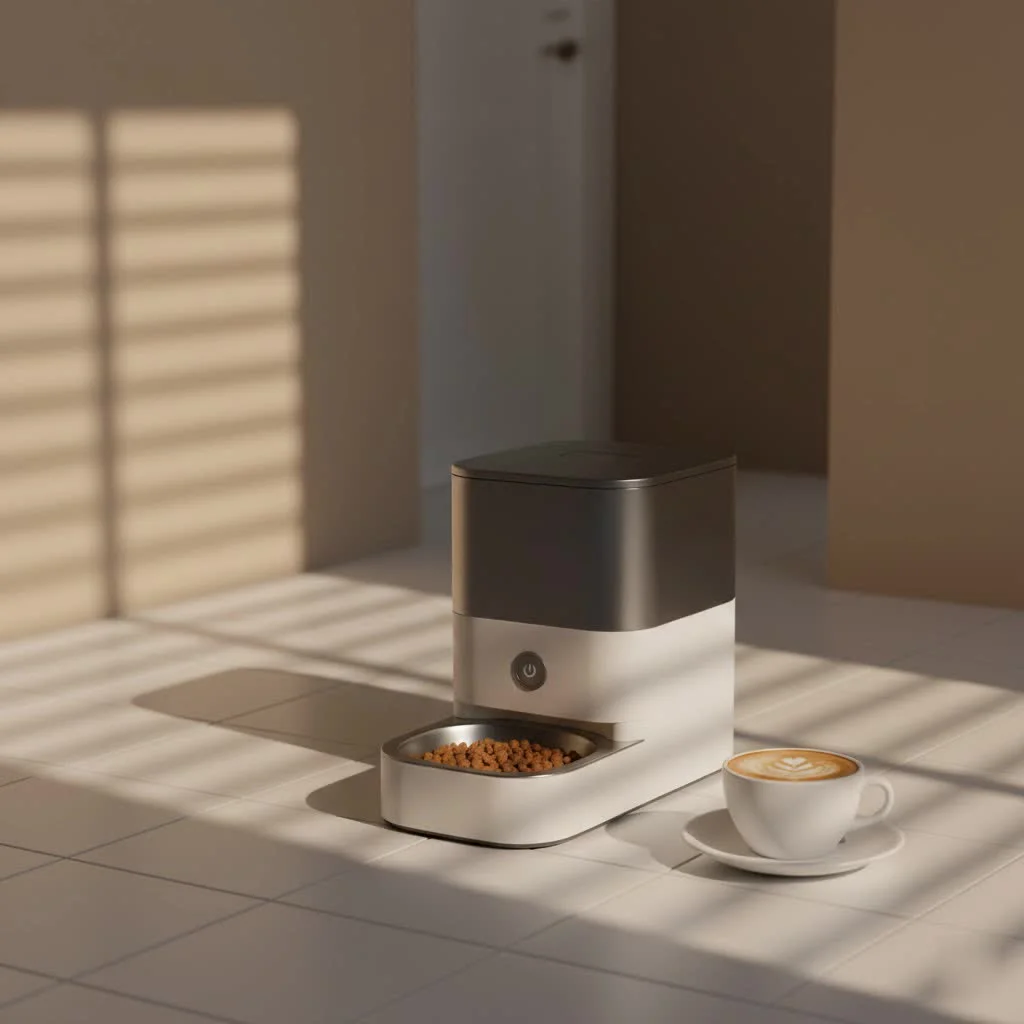 Dog eating comfortably from an elevated pet feeder