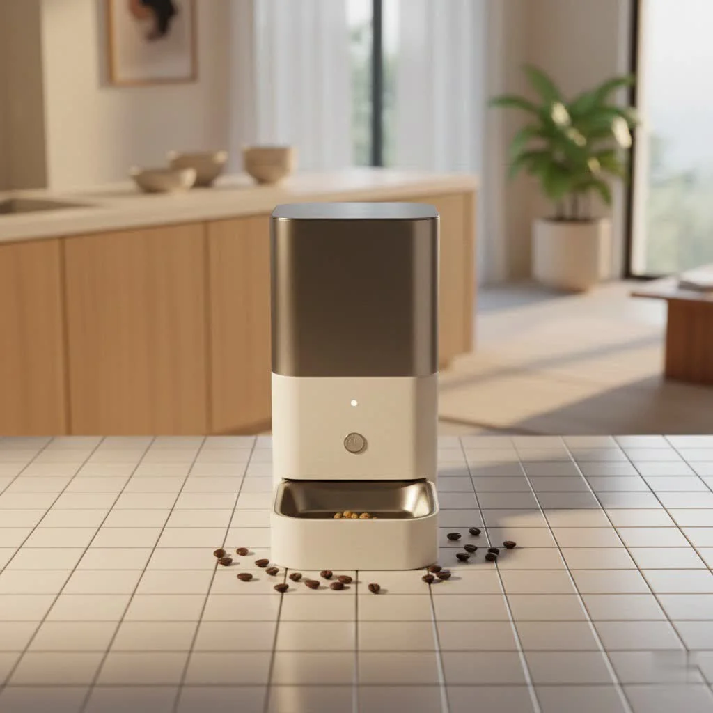 Automatic pet feeder dispensing kibble into a bowl