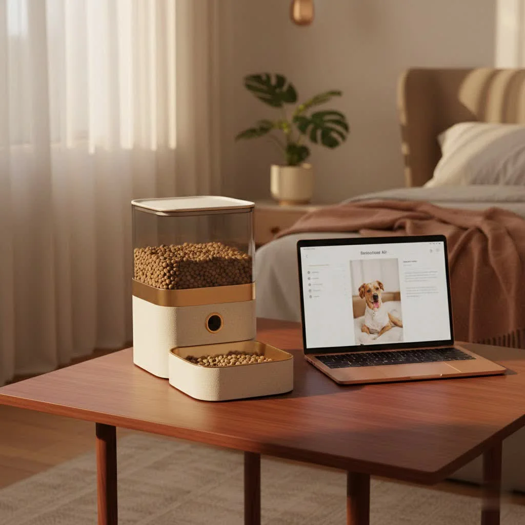 Arf automatic pet feeder dispensing dry kibble into a bowl