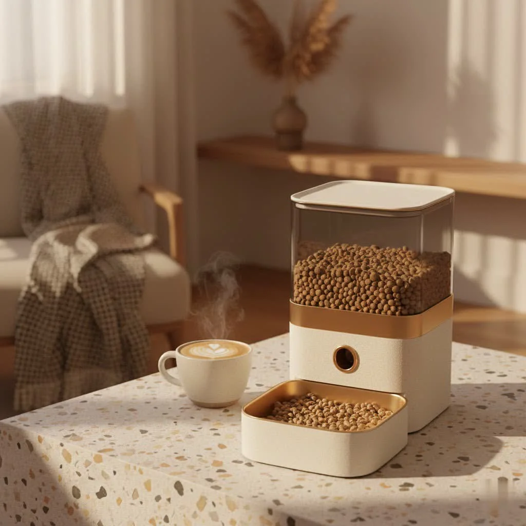 Smart automatic pet feeder dispensing kibble into a bowl