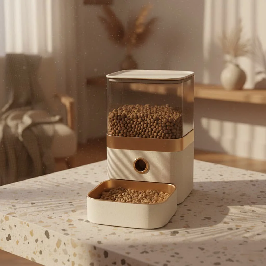 A cat eating wet food from an automatic pet feeder