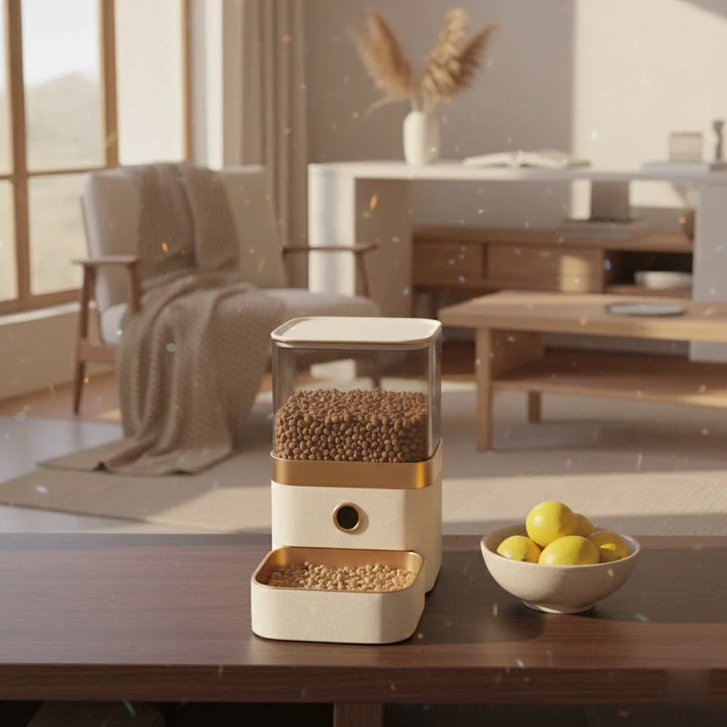 Automatic pet feeder with timer dispensing kibble into a bowl
