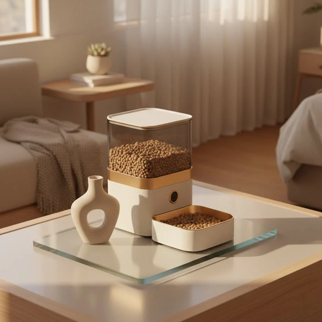 Automatic pet feeder dispensing kibble into a stainless steel bowl