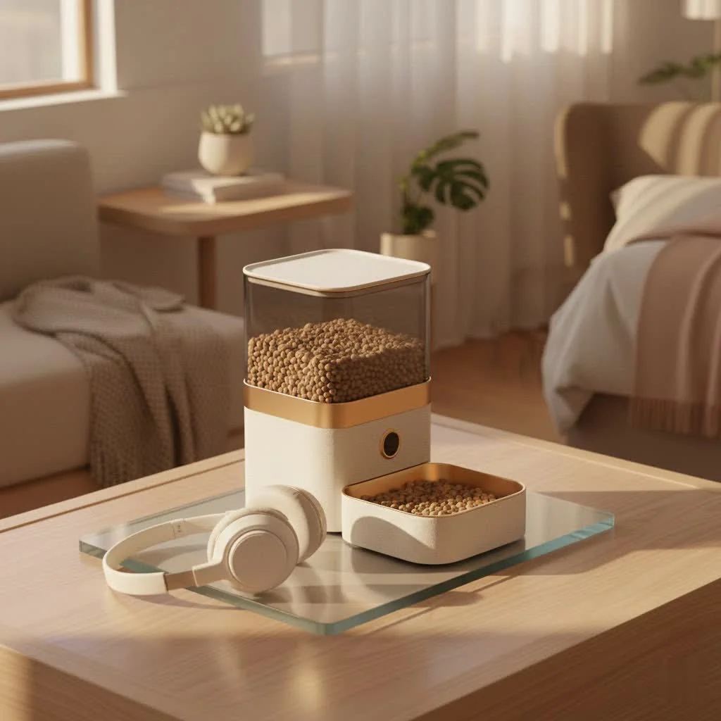 Automatic pet feeder dispensing kibble into a bowl