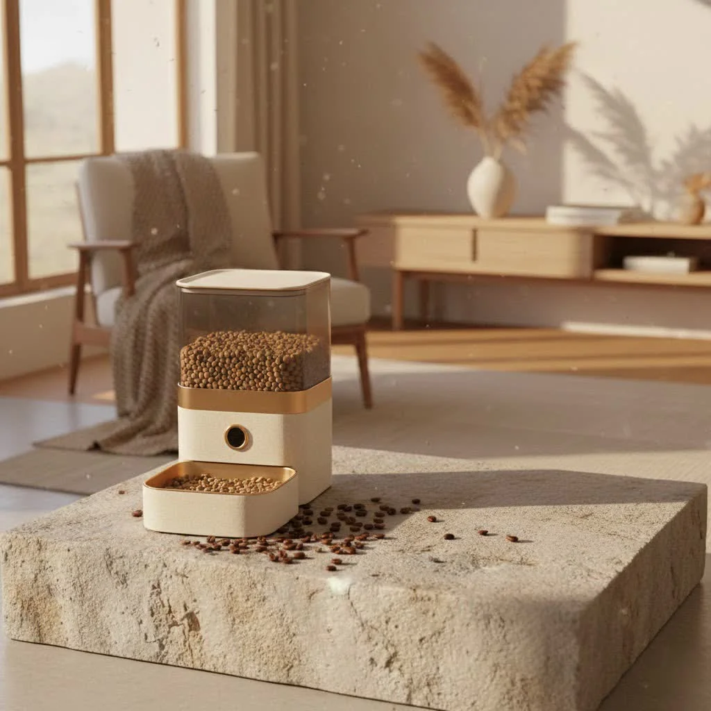 Gravity pet feeder automatically dispensing dry kibble into a pet bowl