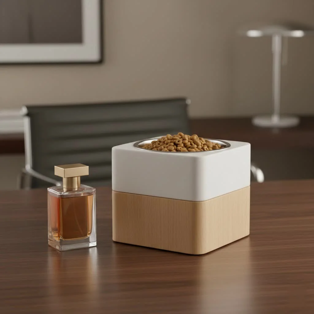 Pet feeder with camera dispensing food into a bowl