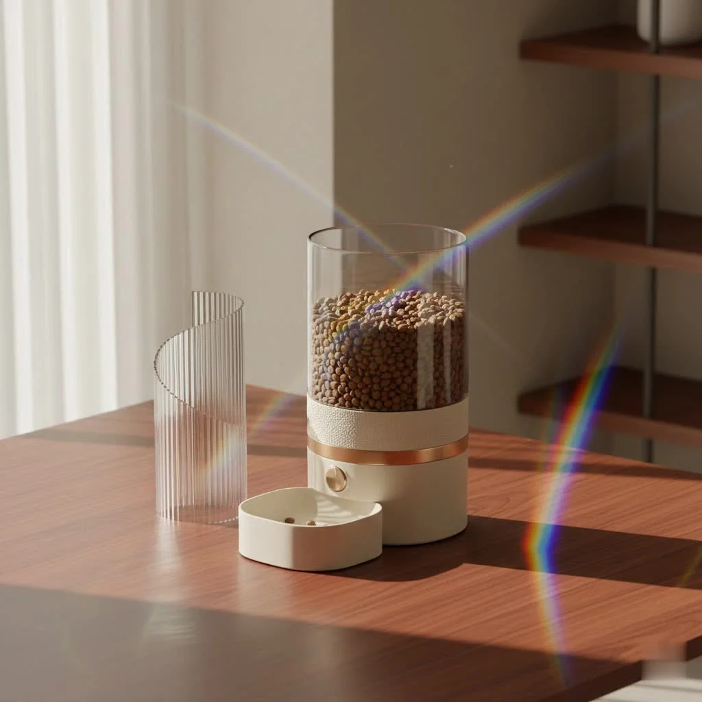 Automatic pet food feeder dispensing kibble into a bowl