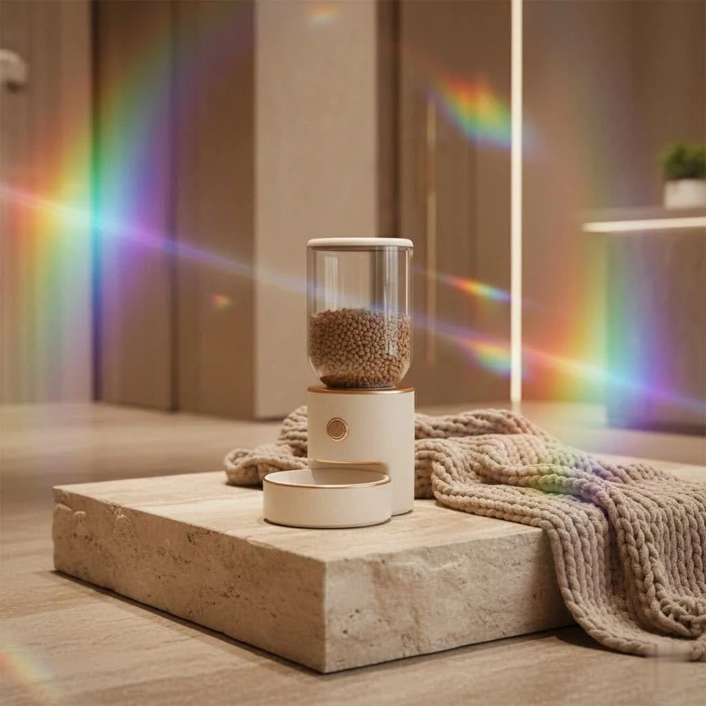 Cat eating from an automatic pet feeder